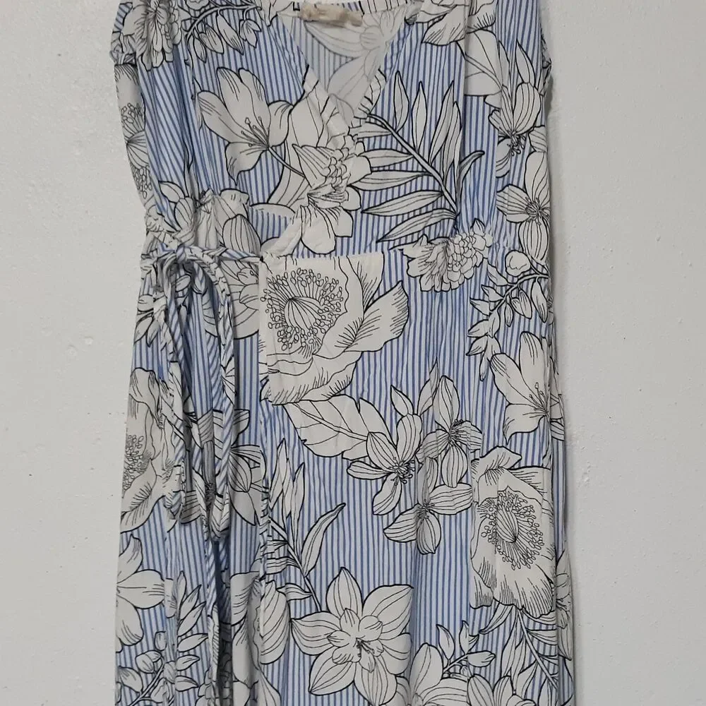 Hem & Thread Womens Dress M Medium Blue/White Peasant Boho Wrap Around Summer